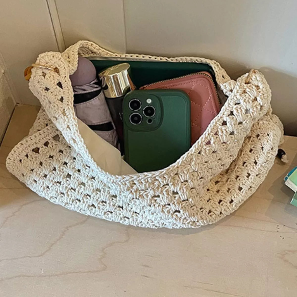 Crochet Knit Beaded Strap Shoulder Bag