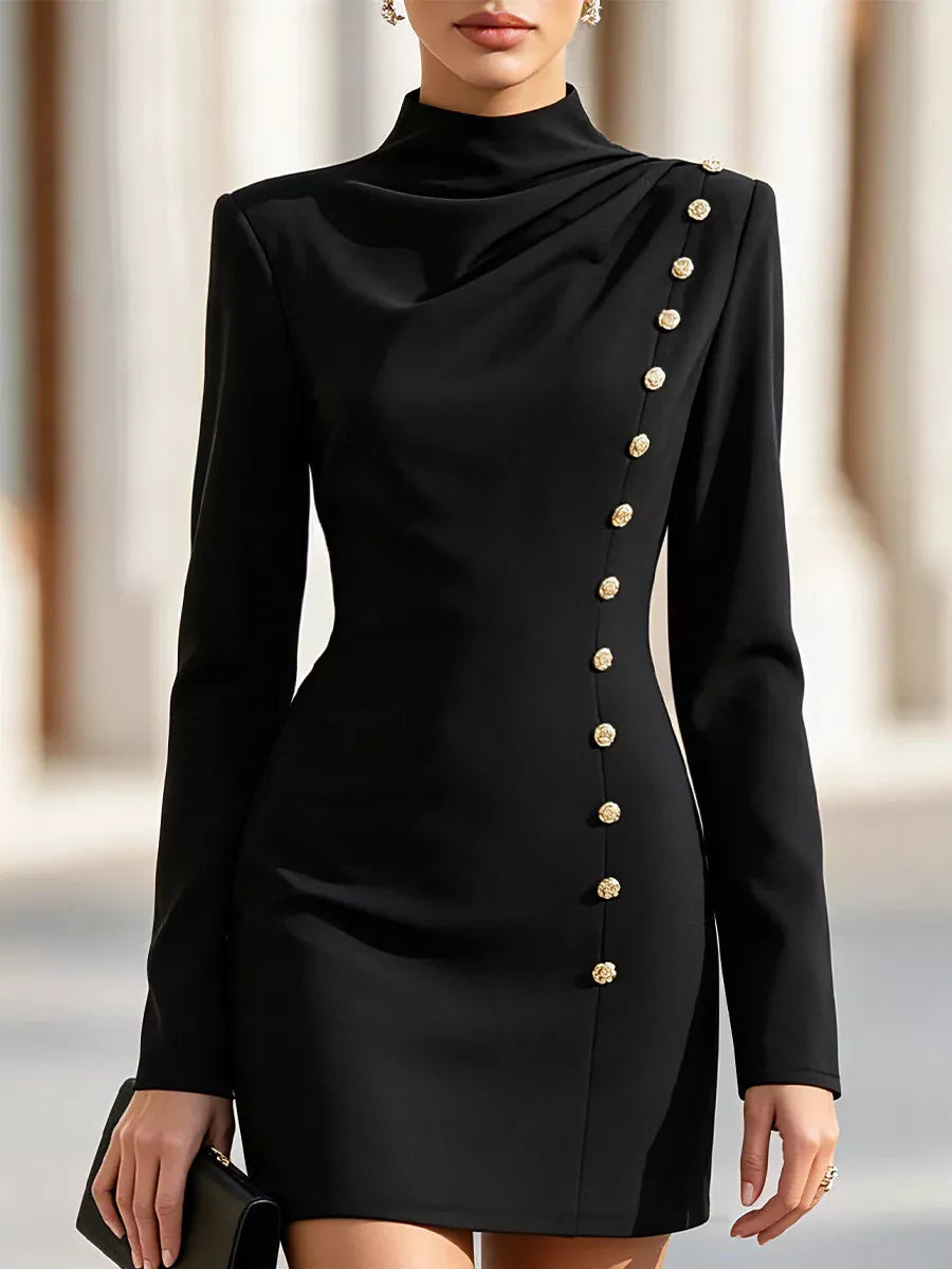 Mock Neck Long-Sleeve Bodycon Dress with Gold-Tone Button Detailing