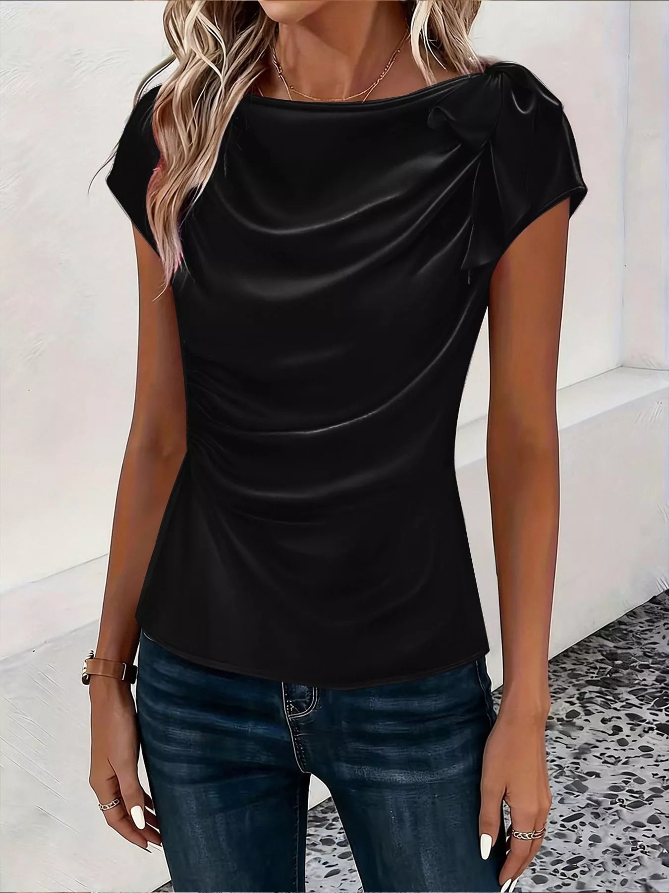 Ruched Short Sleeve Satin Top