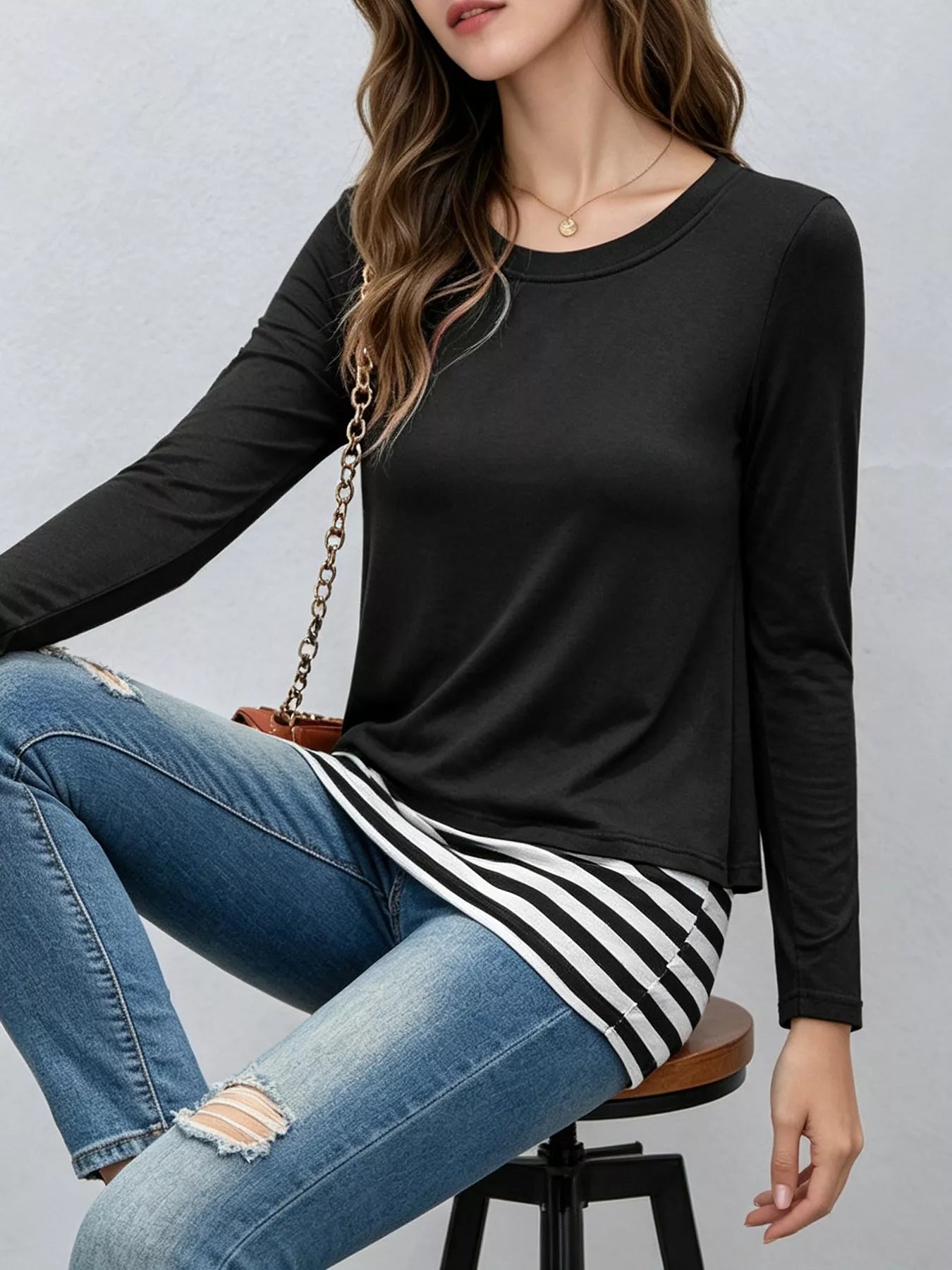 Layered Crew Neck Long Sleeve Striped T-Shirt