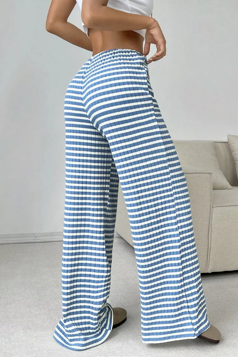 Ribbed Knit Drawstring Wide Leg Pants