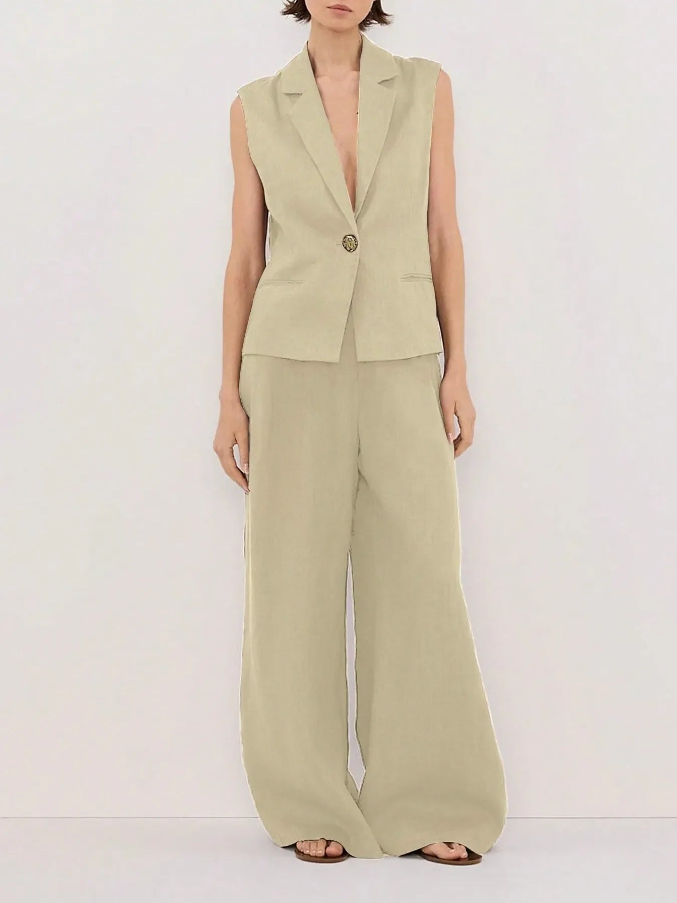 One Button Sleeveless Top and Pants Set