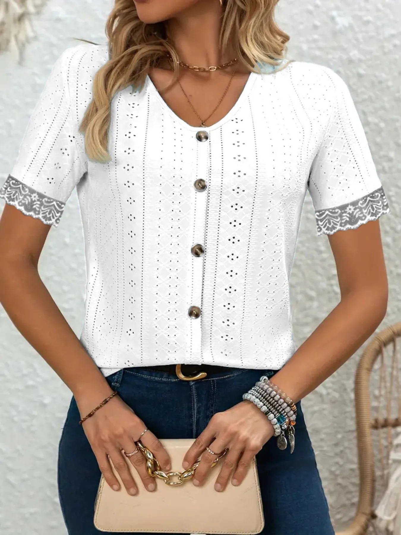 Eyelet Lace Trim Short Sleeve Blouse