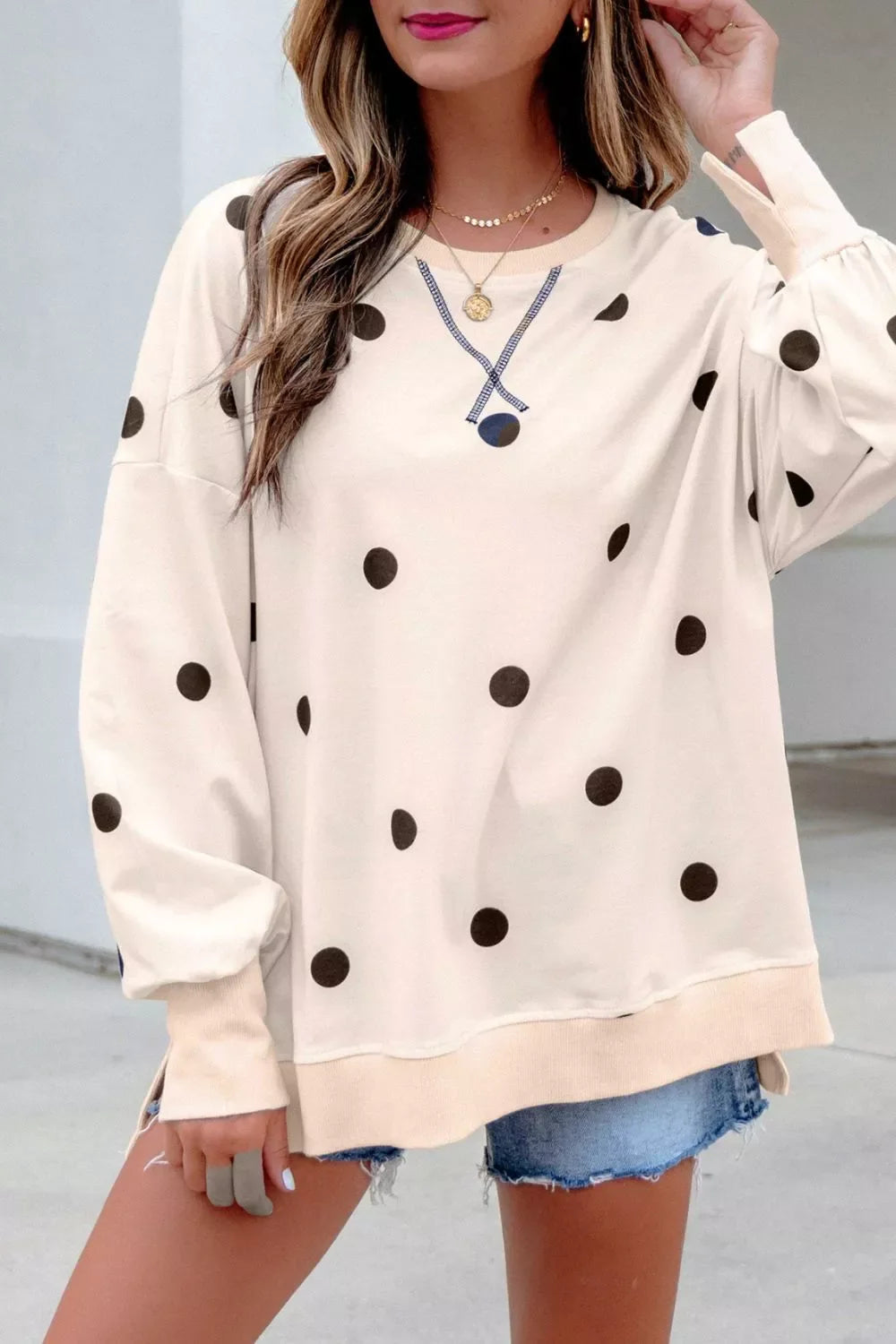 Loose-fit Long Sleeve Round Neck Polka Dot Tunic Sweatshirt