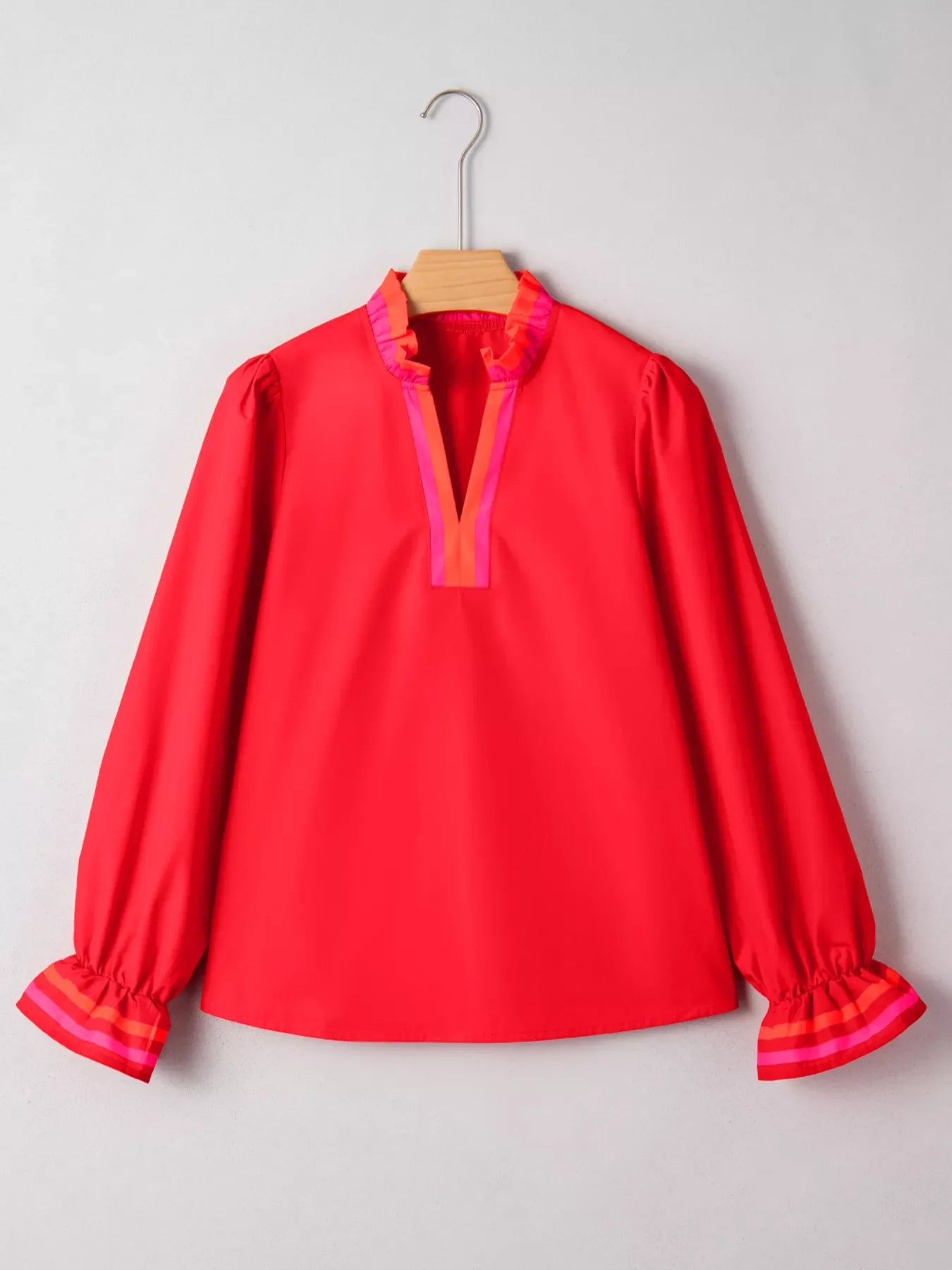 Striped Trim Ruffle Split Neck Long Sleeve Blouse