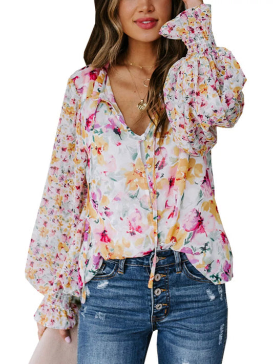 Full Size Floral Print Smocked Cuff Blouse Plus Size