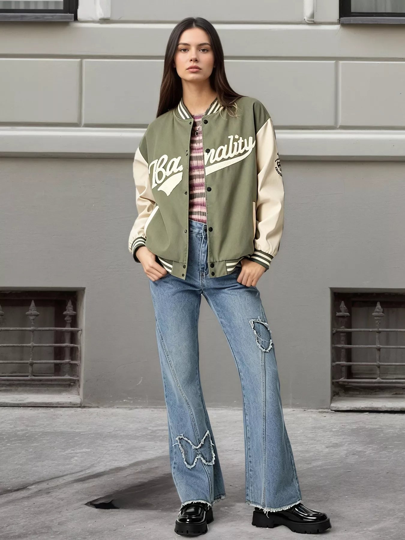 Contrast Baseball Jacket with Embroidered Lettering