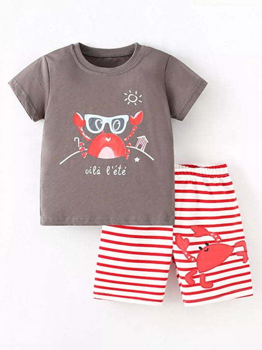 Children's Crab Graphic T-Shirt and Striped Shorts Set