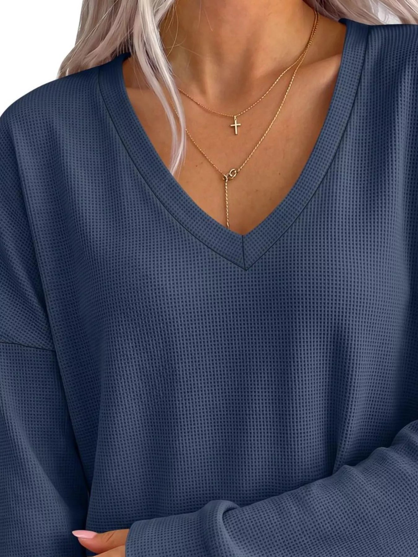 Side Slit Waffle Knit V-Neck T-Shirt