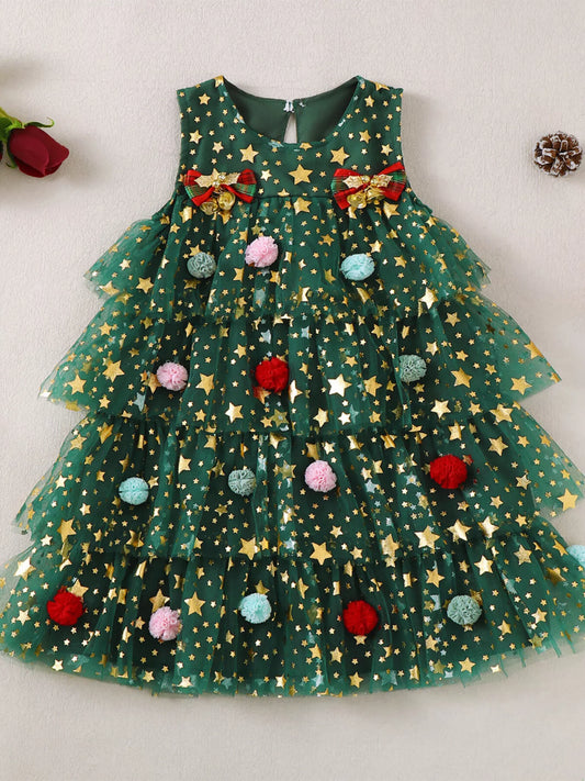 Children's Star Print Pom-Pom Embellishments Tulle Dress