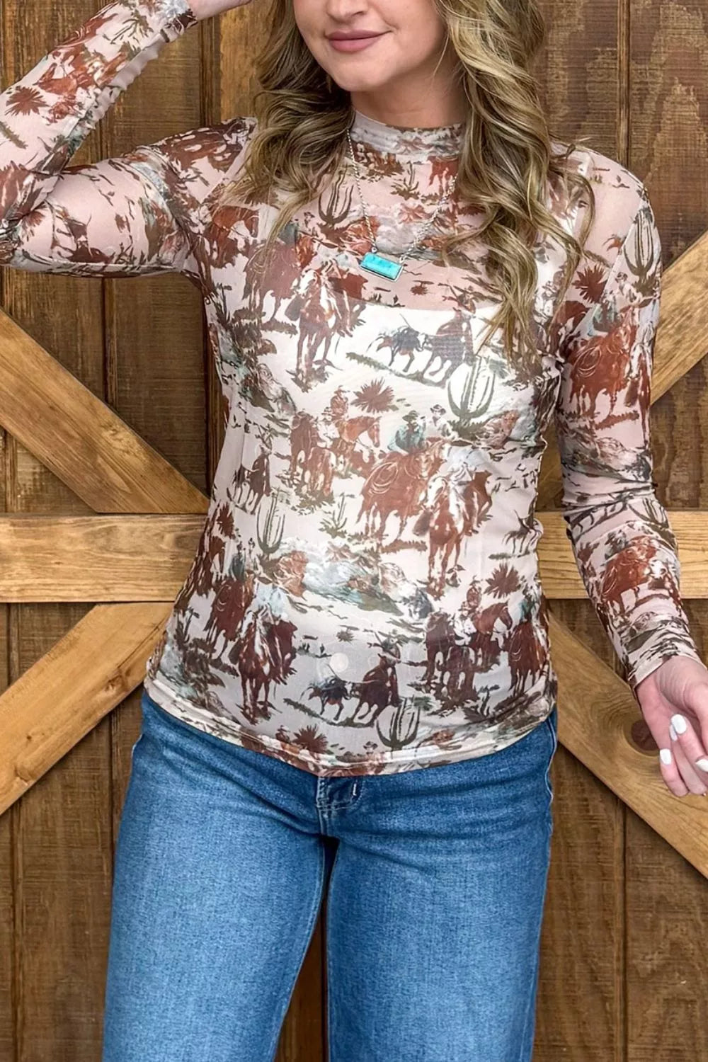 Western Scene Mesh Long Sleeve Top