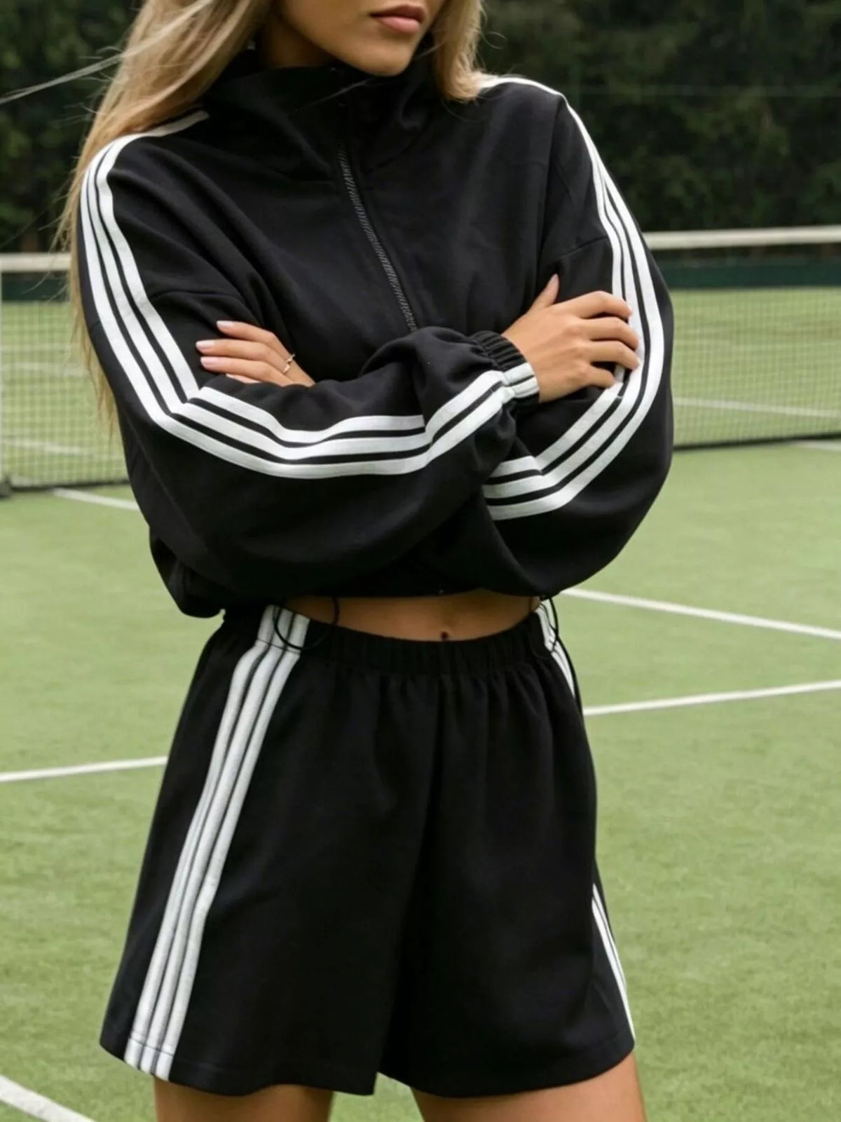 Side Stripe Detail Cropped Sporty Jacket and Shorts Set
