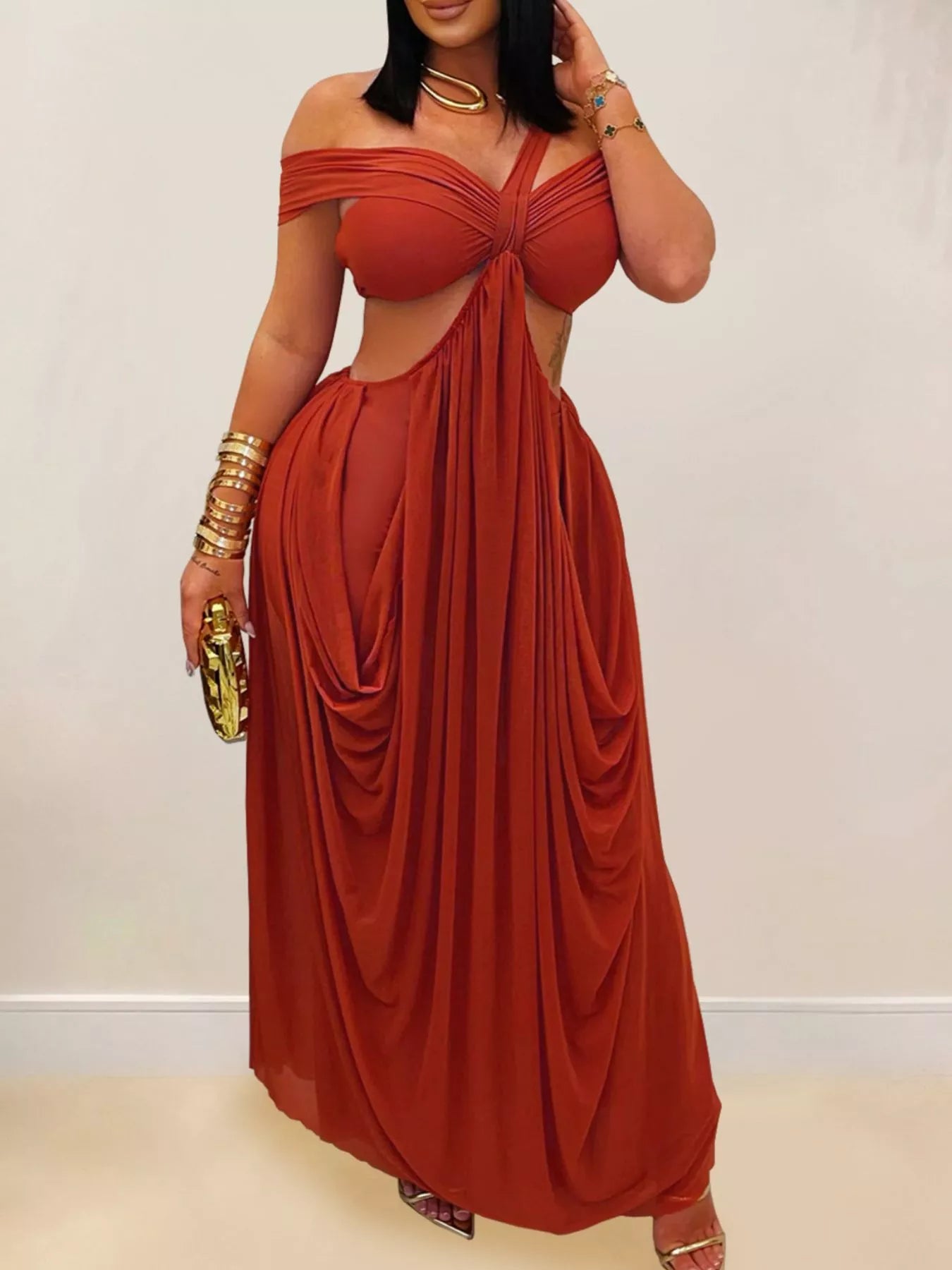 Cutout Off Shoulder Ruched Maxi Dress