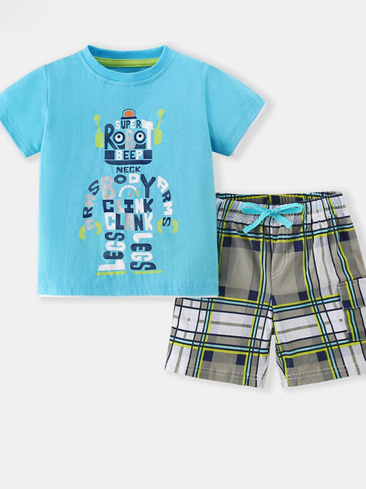 Children's Robot Short Sleeve Tee & Plaid Shorts Set