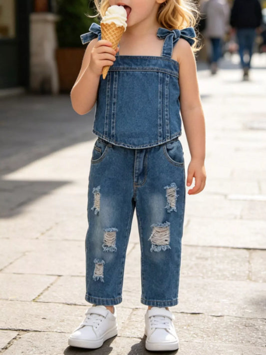 Children's Tie Shoulder Tank and Distressed Jeans Set