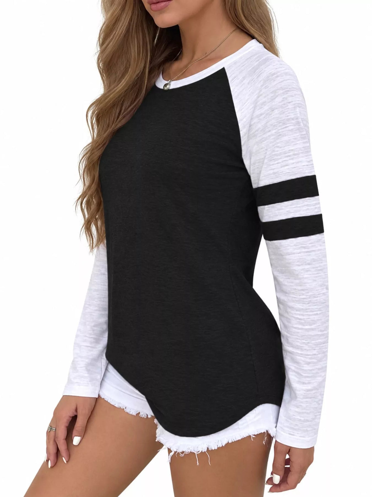 Full Size Color-Block Raglan Sleeve Striped T-Shirt Plus Size