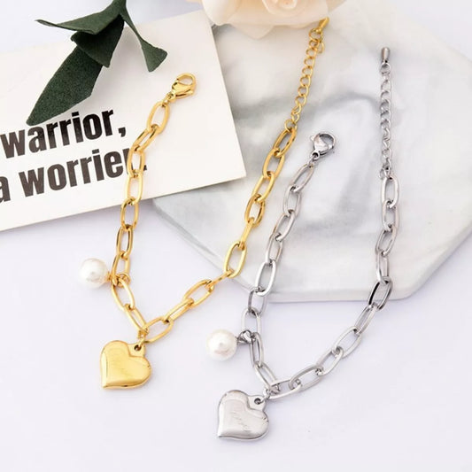 Heart Charm Pearl Accent Chain Bracelet