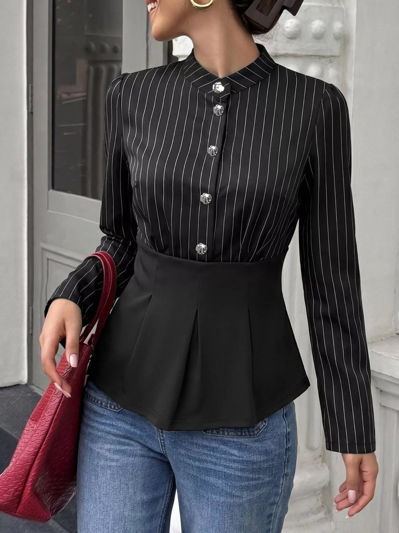 Striped Long Sleeve Peplum Blouse