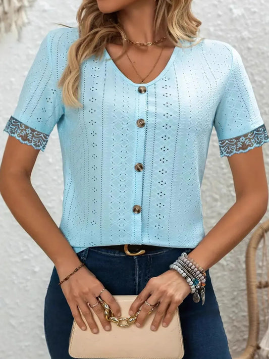 Eyelet Lace Trim Short Sleeve Blouse