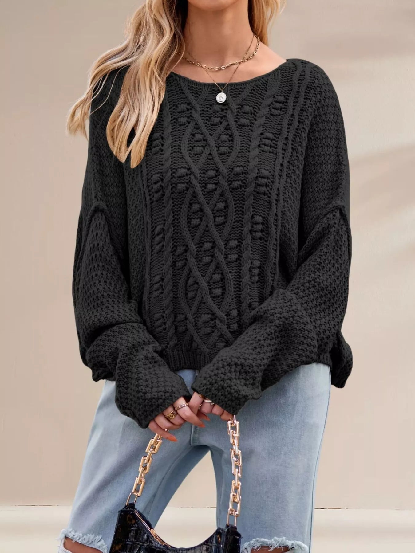 Cable Knit Dropped Shoulder Sweater