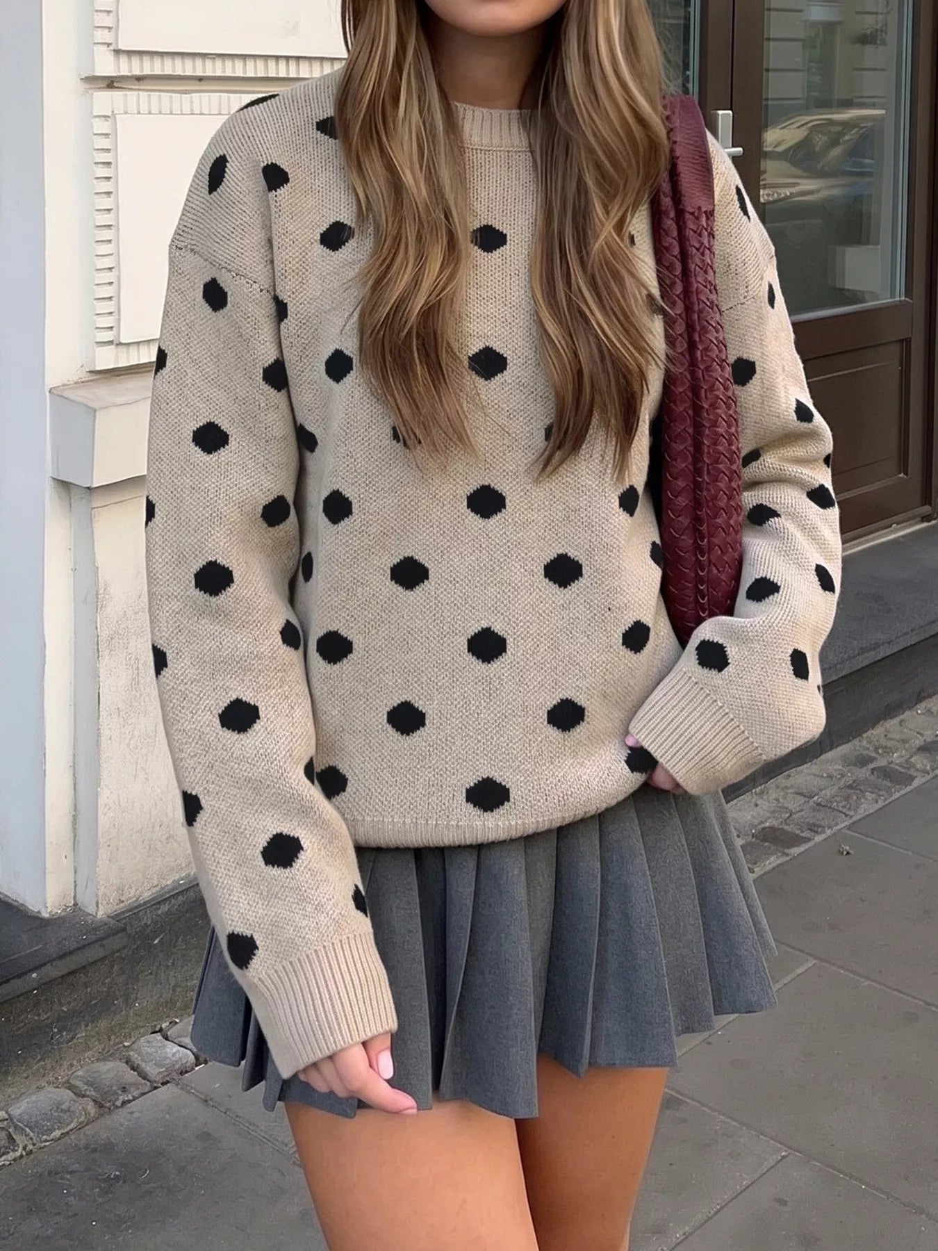 Polka Dot Dropped Shoulder Sweater