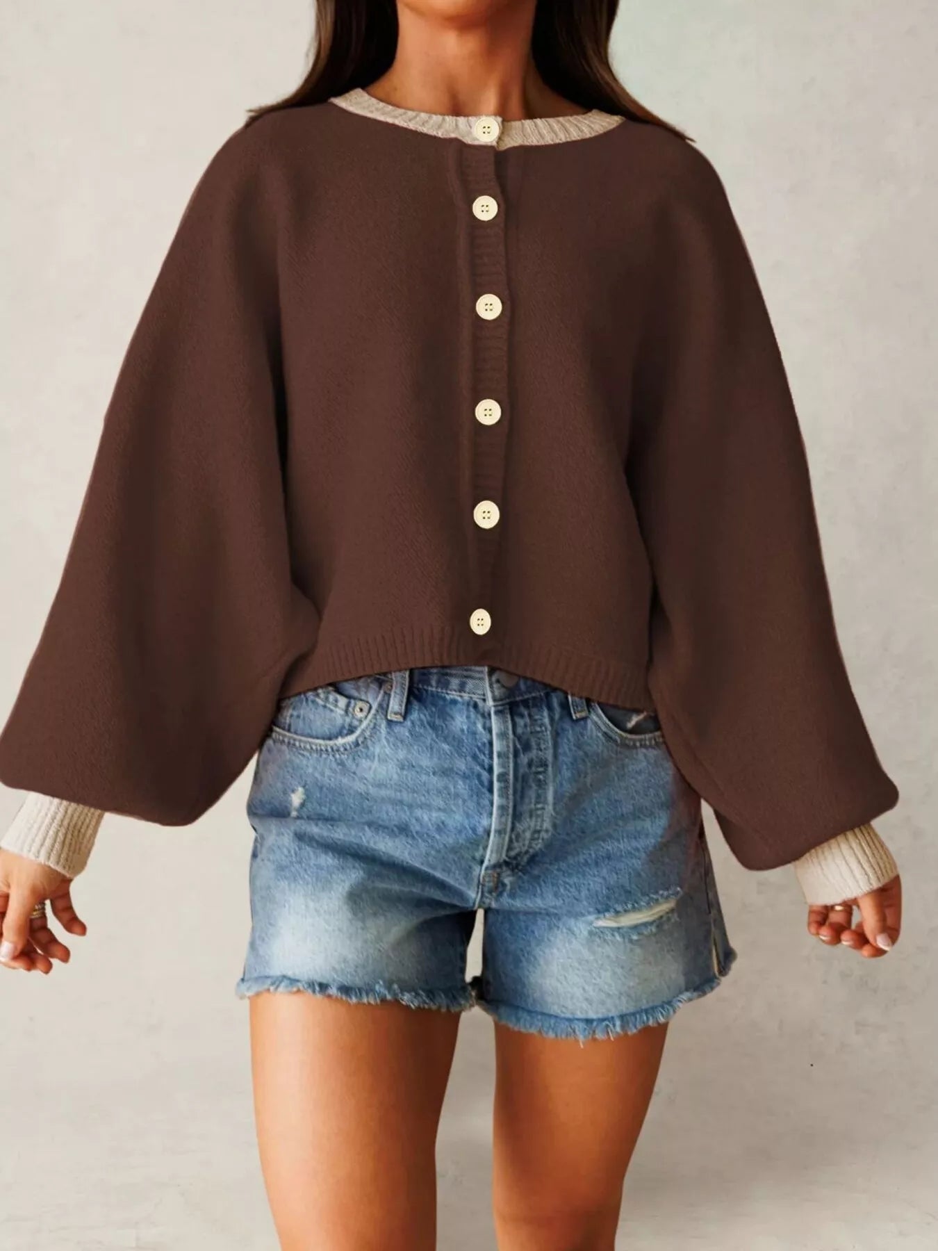 Button-Front Knit Cardigan with Contrast Trim