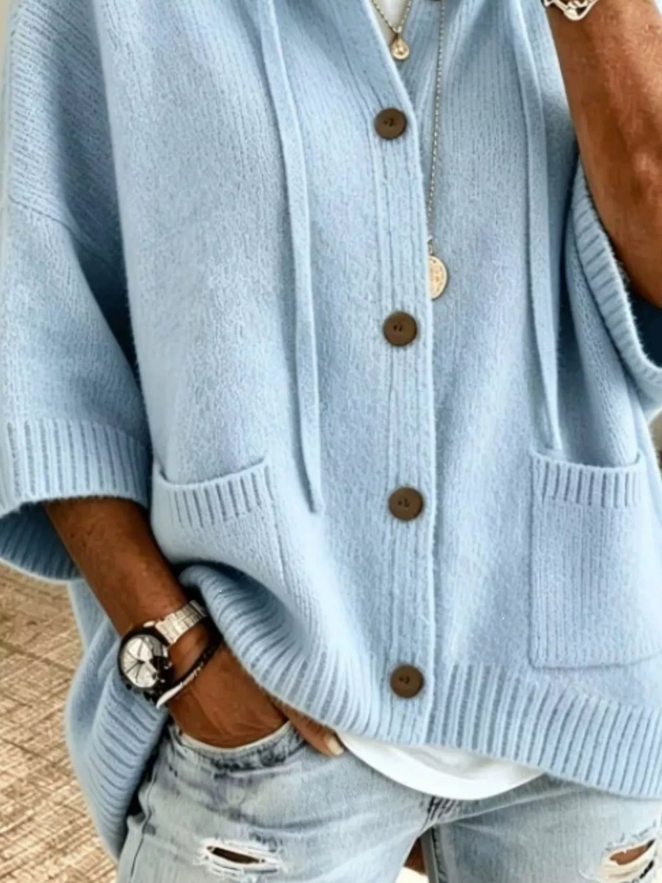 Hooded Button-Down Knit Cardigan