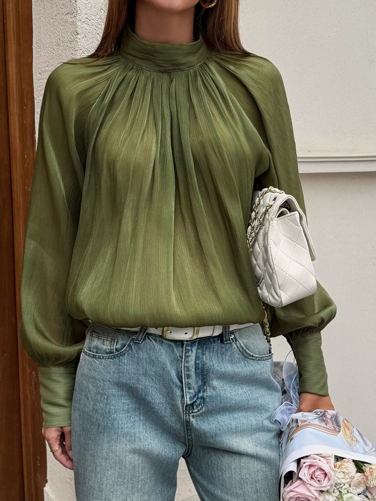 Mock Neck Lantern Sleeves Blouse