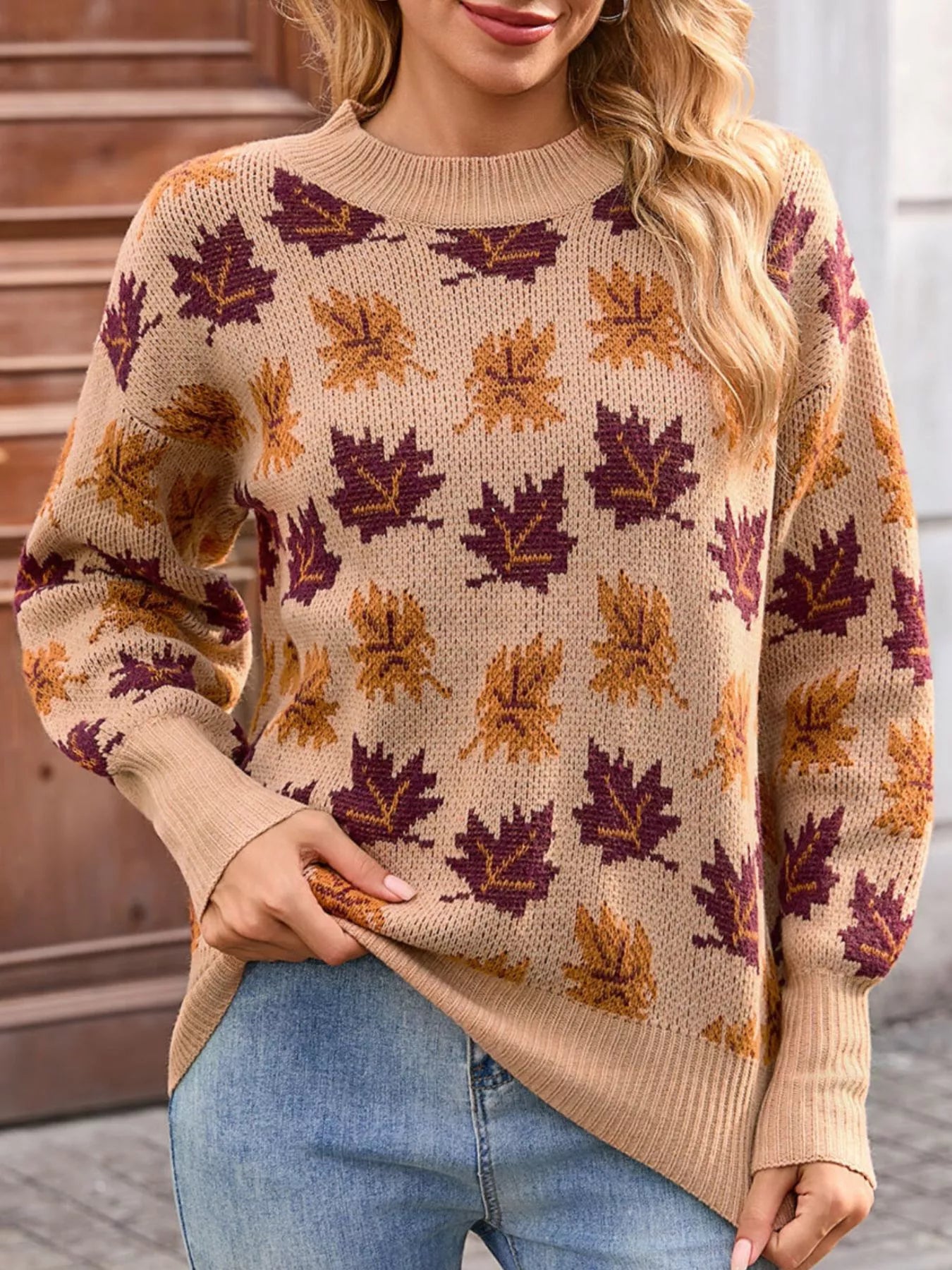 Autumn Leaf Pattern Mock Neck Sweater