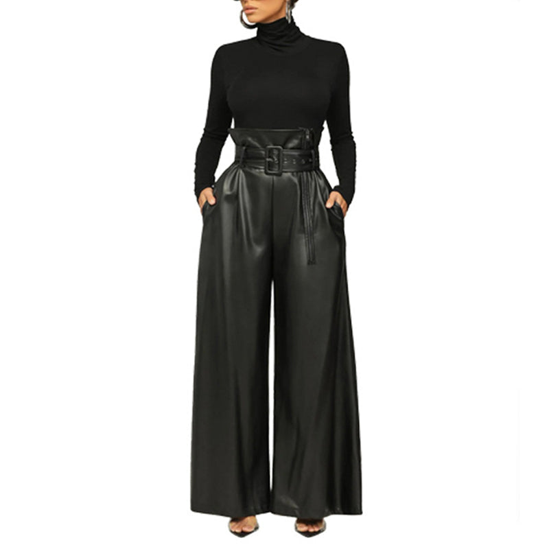 Women's Fashion High-Waisted PU Wide-Leg Pants, Solid Color Metal Belt Detail Trousers With Pockets (See size chart where applicable)