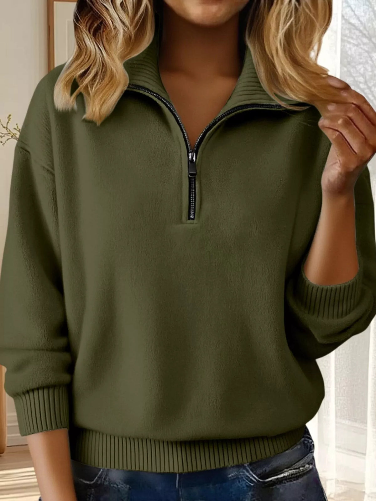 Full Size Half Zip Dropped Shoulder Sweater Plus Size