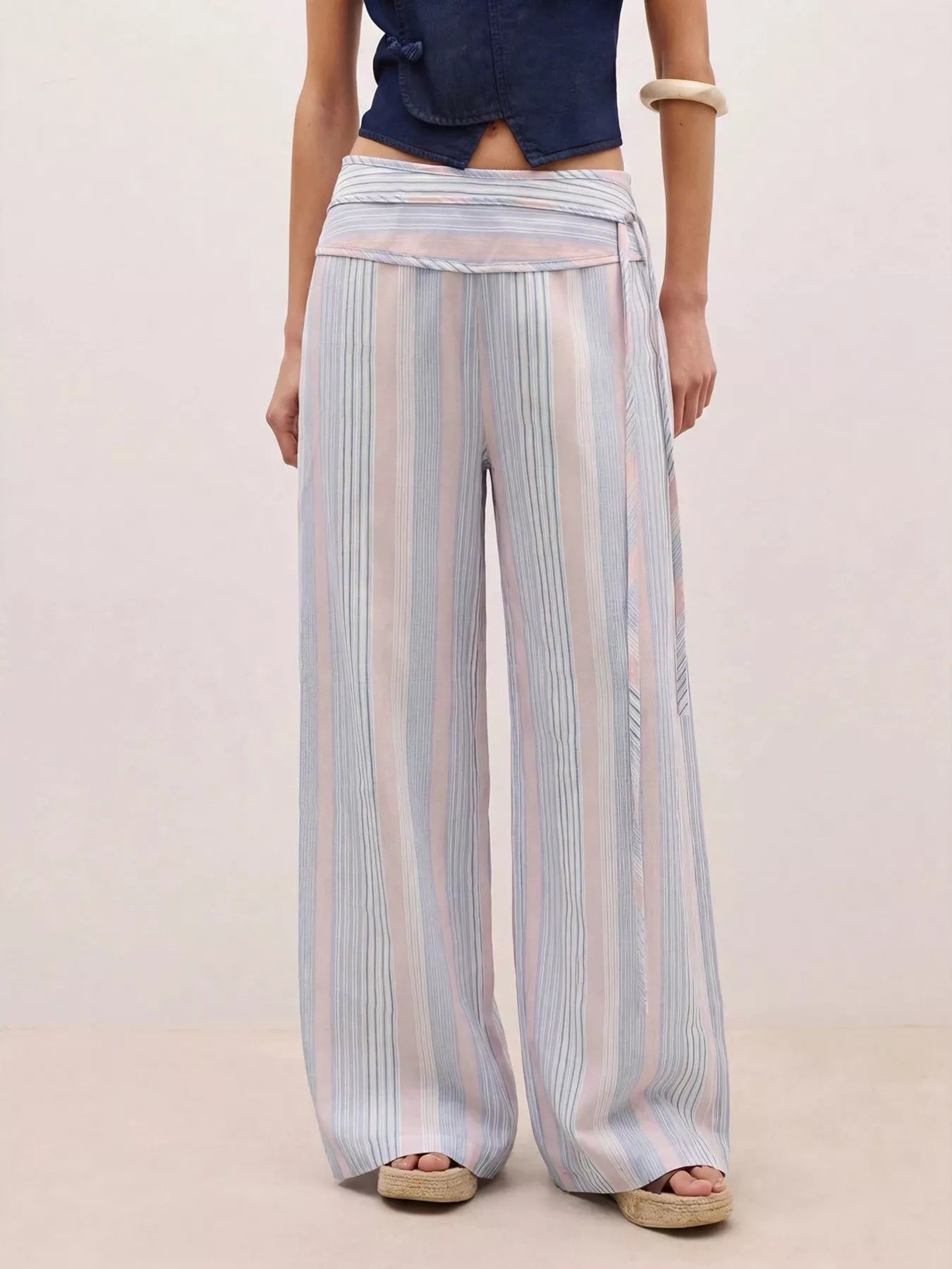Striped Wide-Leg Pants with Tie Waist