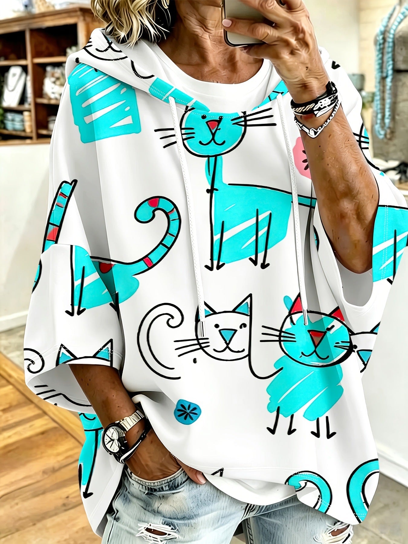 Cartoon Cat Print Hoodie with 3/4 Sleeves & Drawstring
