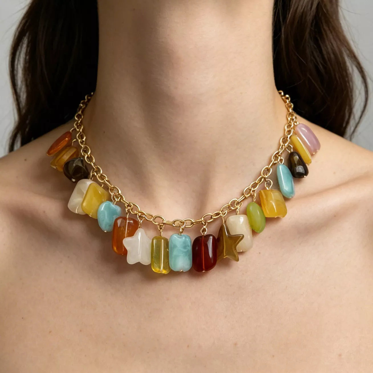 Bohemian Multi-Color Gemstone Charm Necklace
