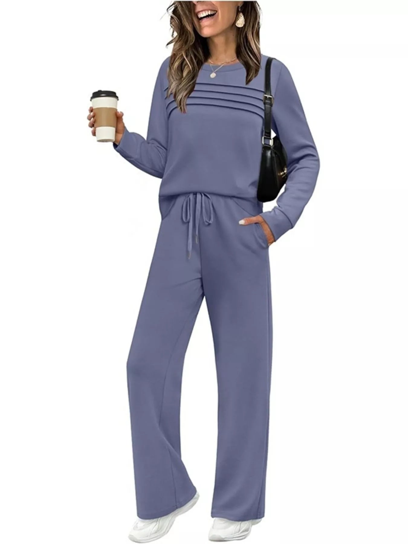 Full Size Casual Long Sleeve Crewneck Top and Drawstring Pants Set Plus Size