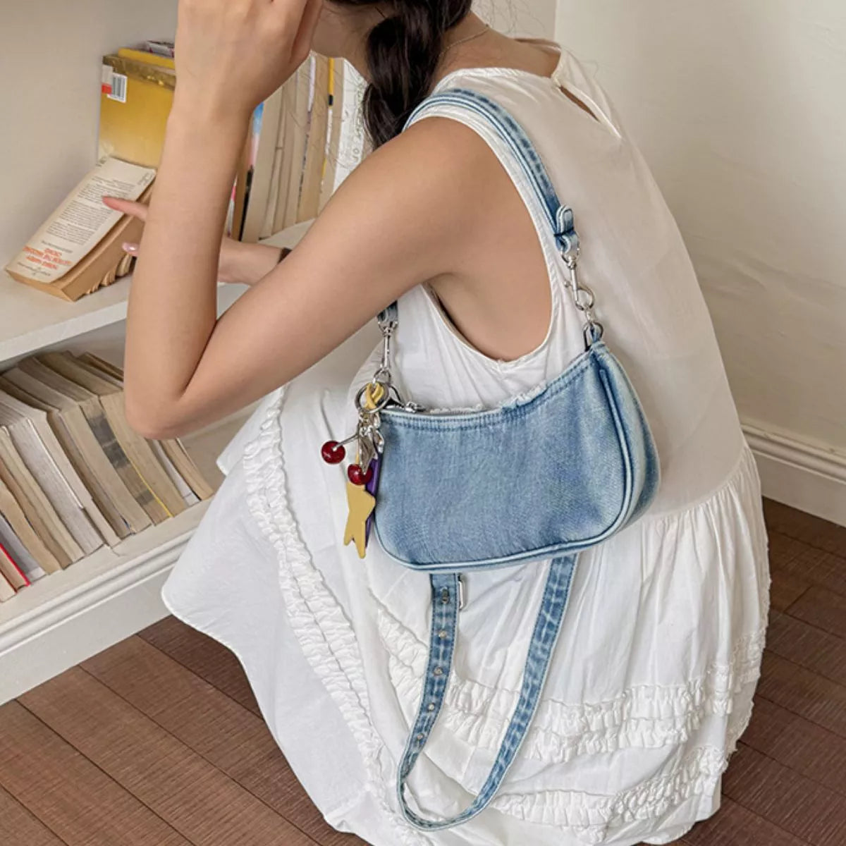 Star Charm Denim Shoulder Bag