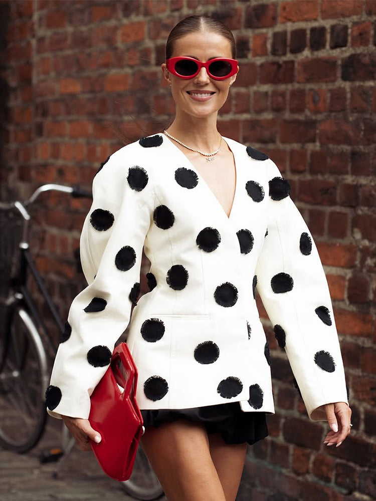 Brown With Polkadot Patch V-neck Waist-tight Suit Jacket