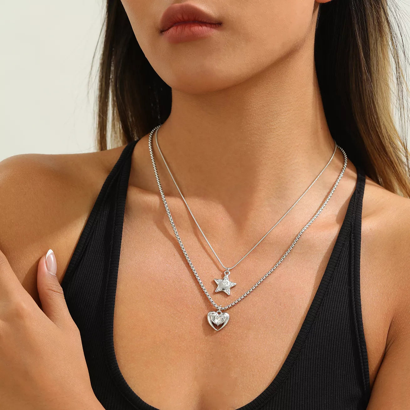 2-Piece Star and Heart Pendant Necklace