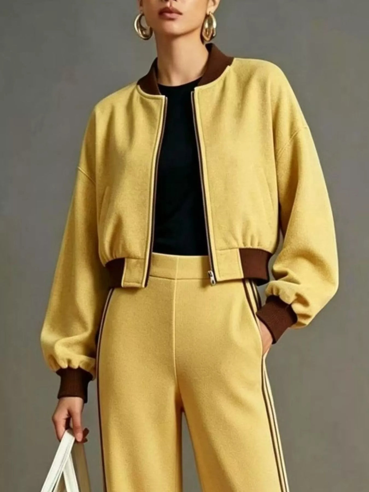 Contrast Ribbed Jacket and Wide-Leg Pants Tracksuit Set