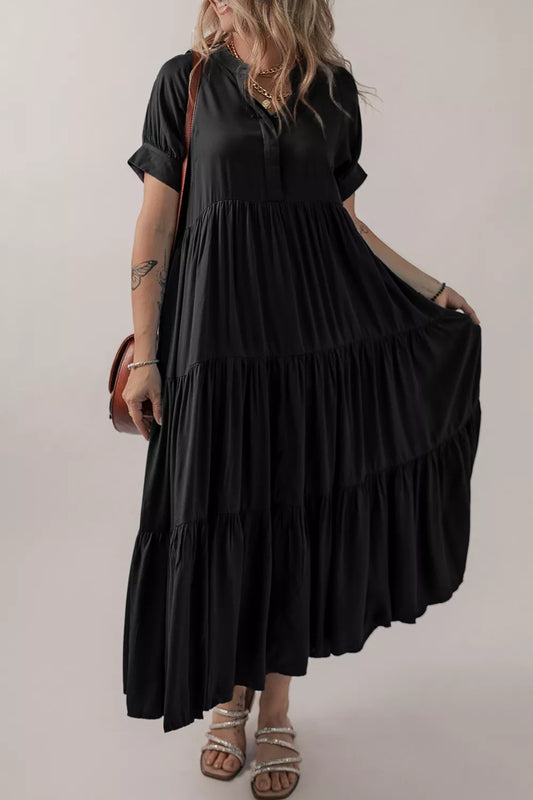 Hidden Buttons Short Sleeve Ruffle Tiered Long Flared Dress