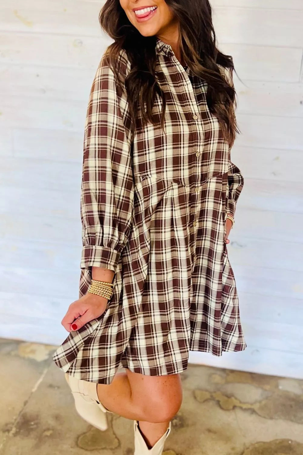 Plaid Long Sleeve Short Shift Mini Dress