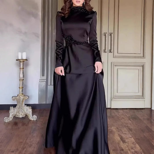 Beaded Satin Evening Gown | High Neck Long Sleeve Maxi Dress(MA348)