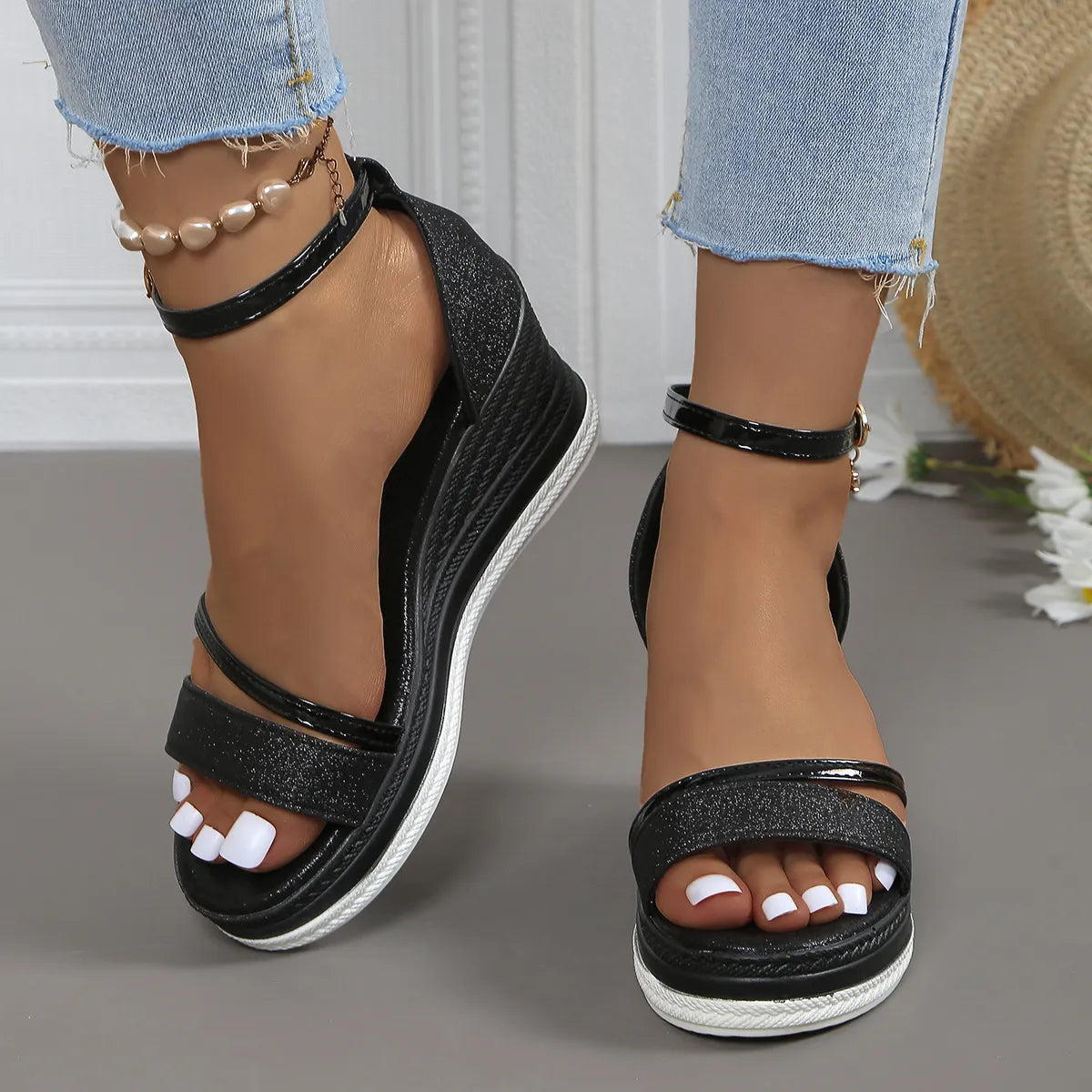 Glitter Platform Wedge Sandals with Ankle Strap