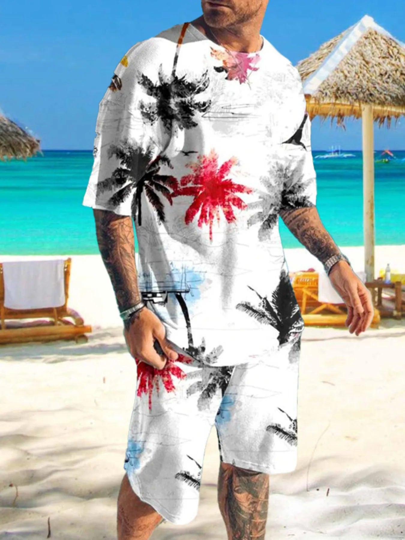 Men's Full Size Printed Short Sleeve Tee and Shorts Set Plus Size