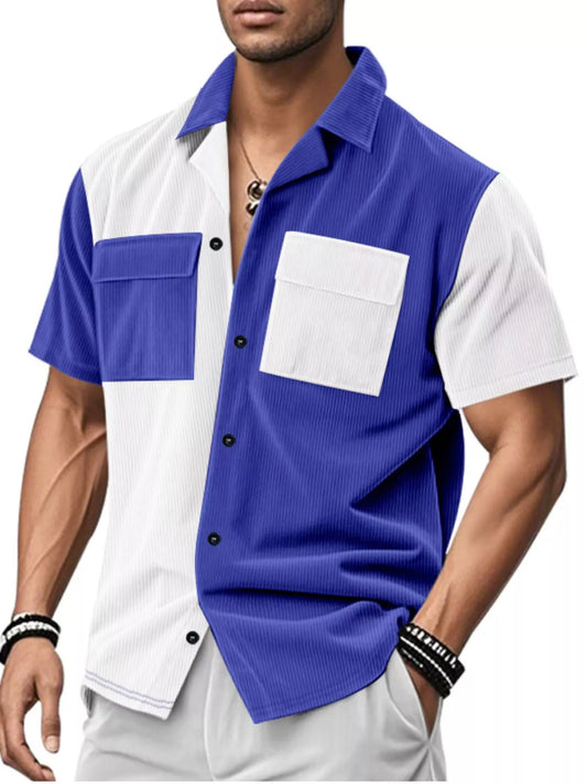 Men's Full Size Color Block Corduroy Short Sleeve Shirt Plus Size