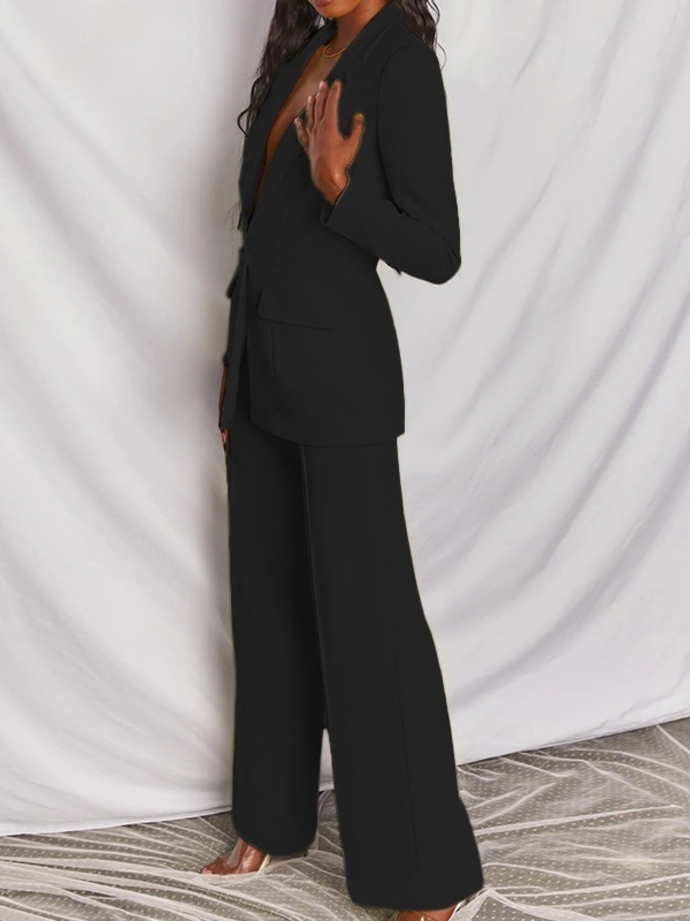 Full Size One Button Blazer and Wide-Leg Pants Set Plus Size