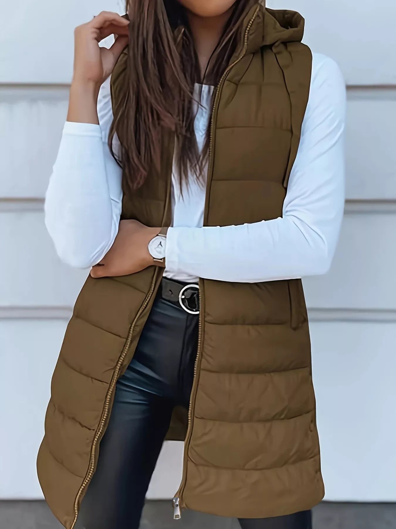 Zip Up Longline Hooded Puffer Vest Coat