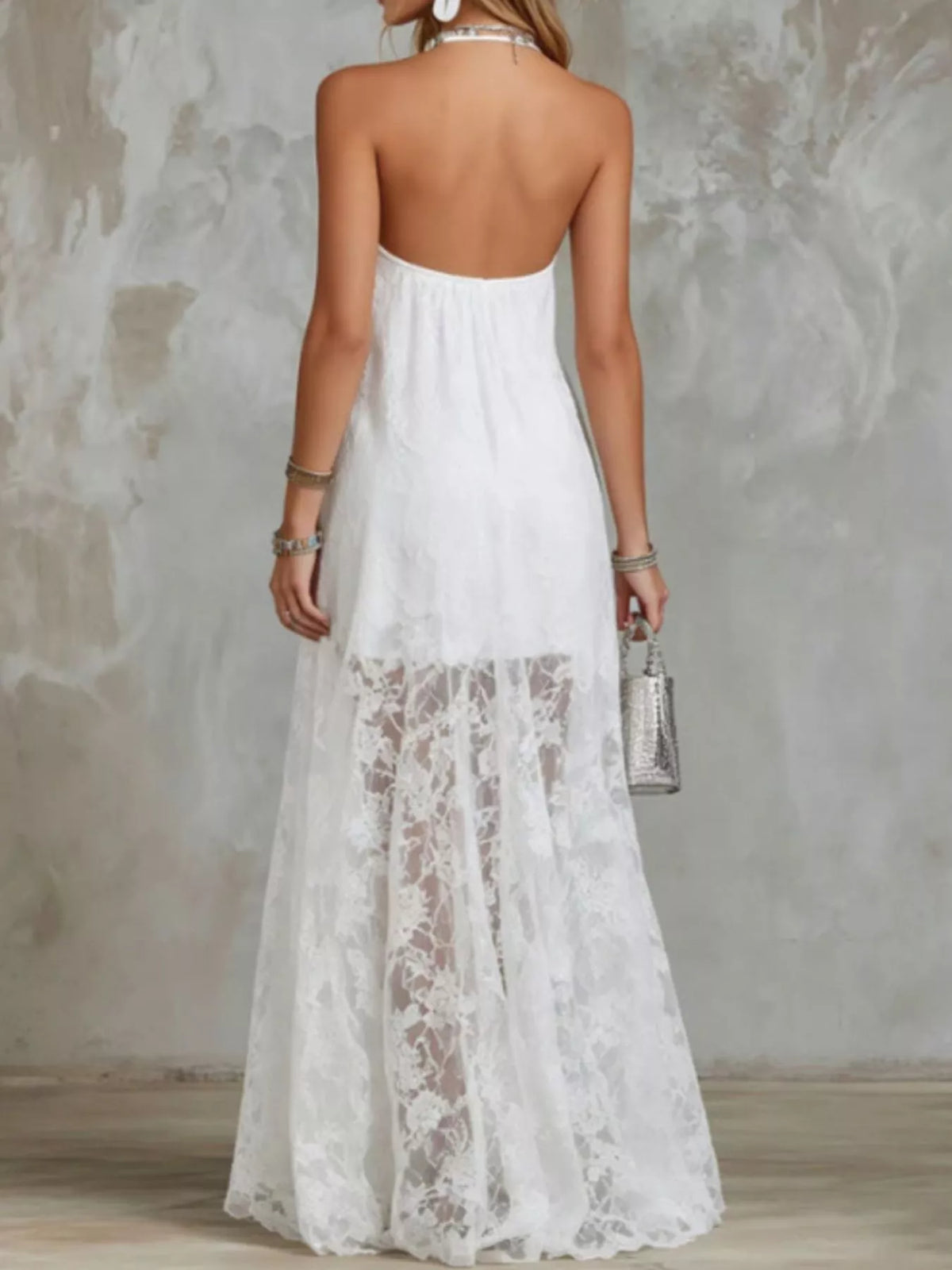 Halter Neck Lace Hem Maxi Dress