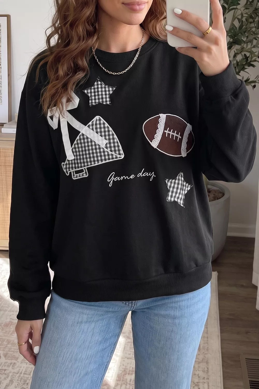 Gingham Patch Embroidered Rugby Game Day Stars Sweatshirt