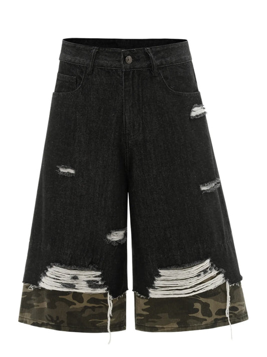 Men's Distressed Camo Trim Denim Bermuda Shorts